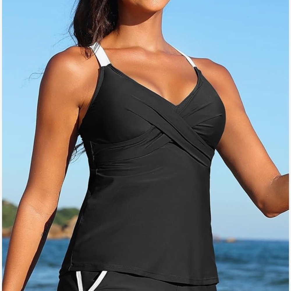 Black Cross-Back Swim Tankini Top - Women